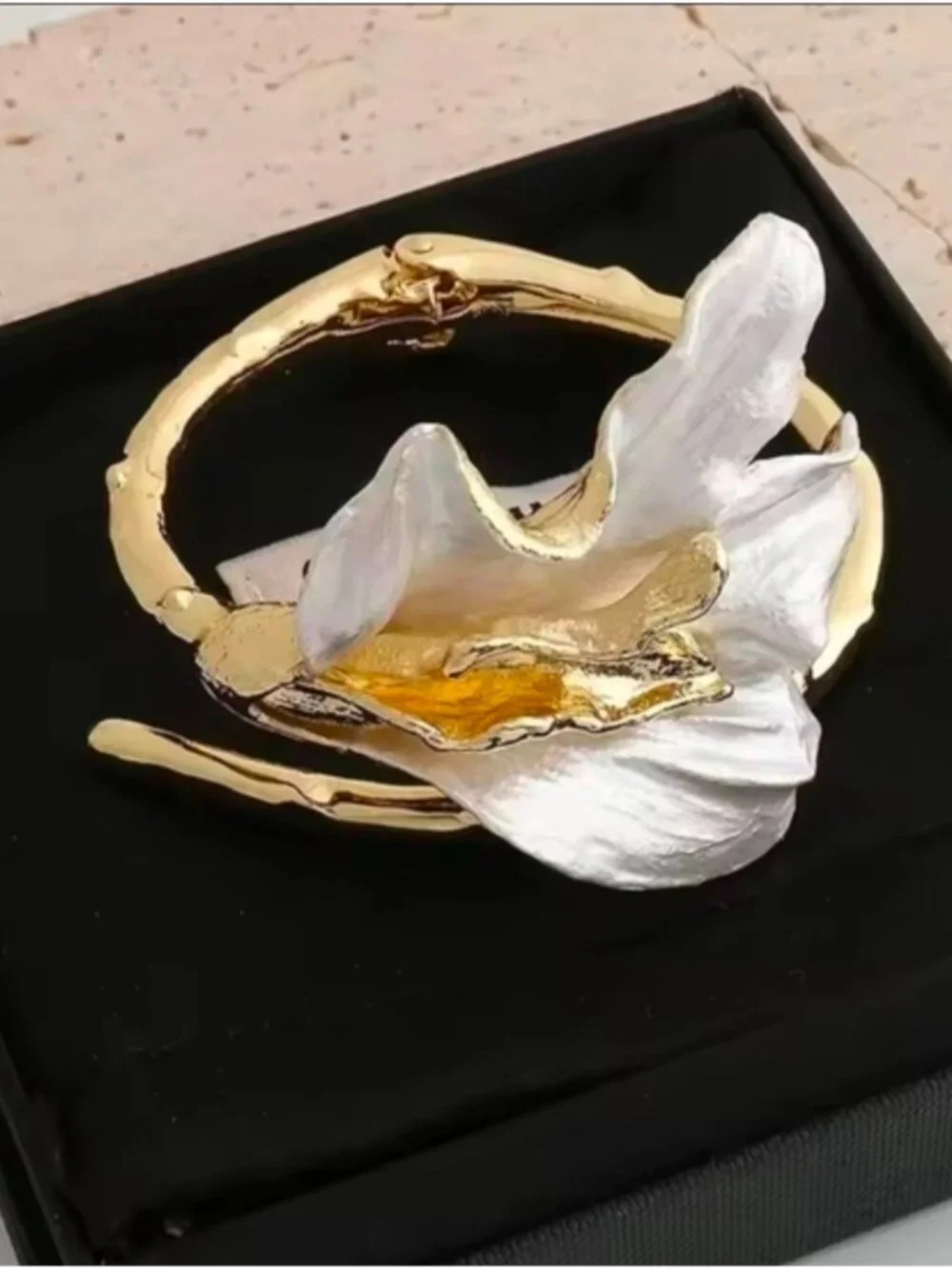 Gold and White Floral Sculpted Cuff Bracelet